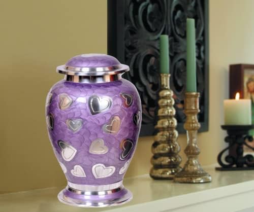 Lavender Hearts Cremation Urn - Purple Silver 100 Handcrafted Solid Brass Urn for Human Ashes