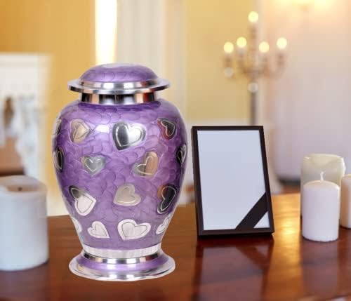 Lavender Hearts Cremation Urn - Purple Silver 100 Handcrafted Solid Brass Urn for Human Ashes