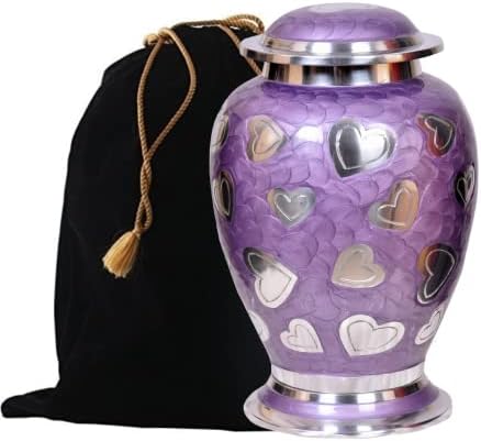 Lavender Hearts Cremation Urn - Purple Silver 100 Handcrafted Solid Brass Urn for Human Ashes