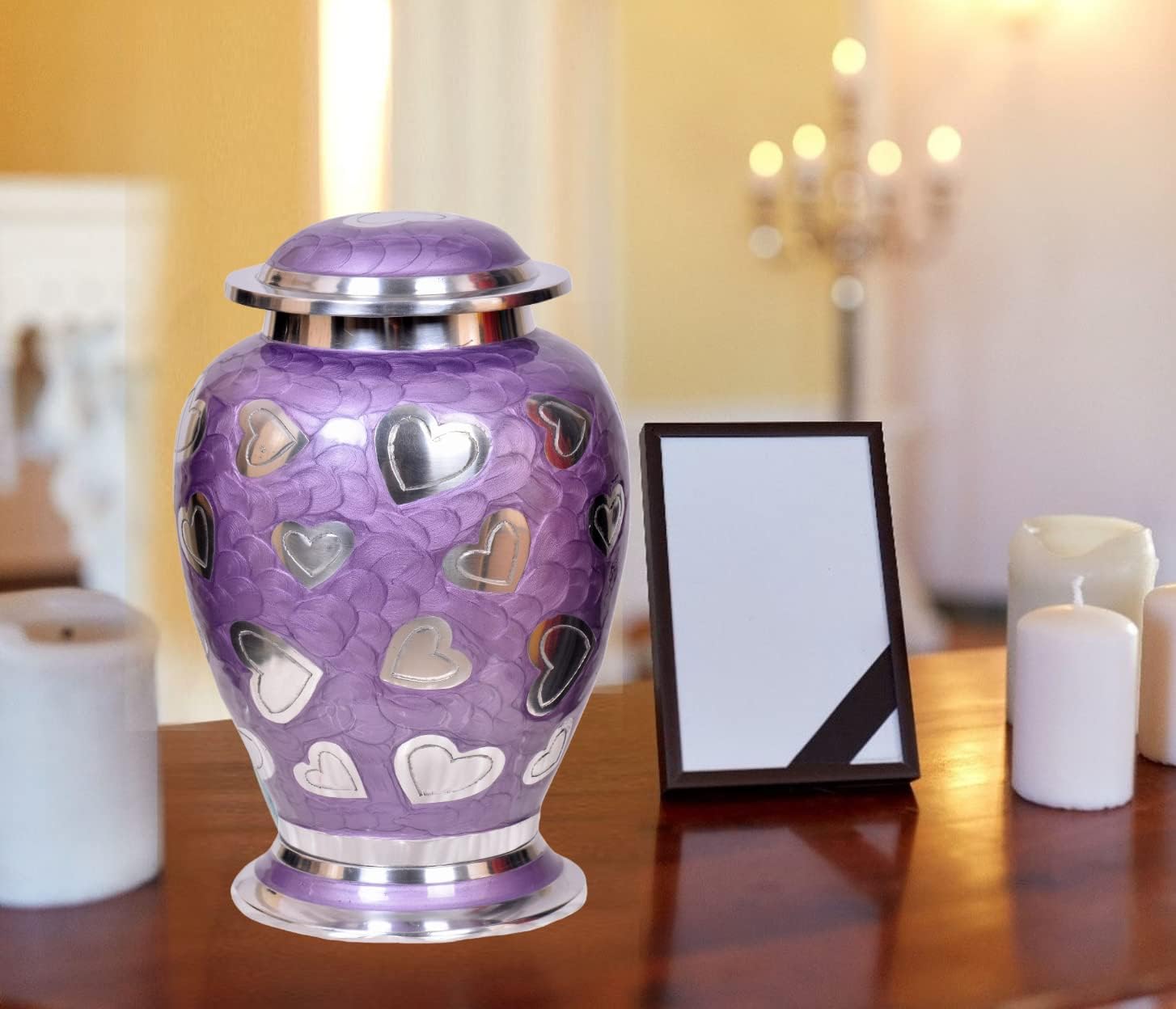 Lavender Hearts Cremation Urn - Purple Silver 100 Handcrafted Solid Brass Urn for Human Ashes