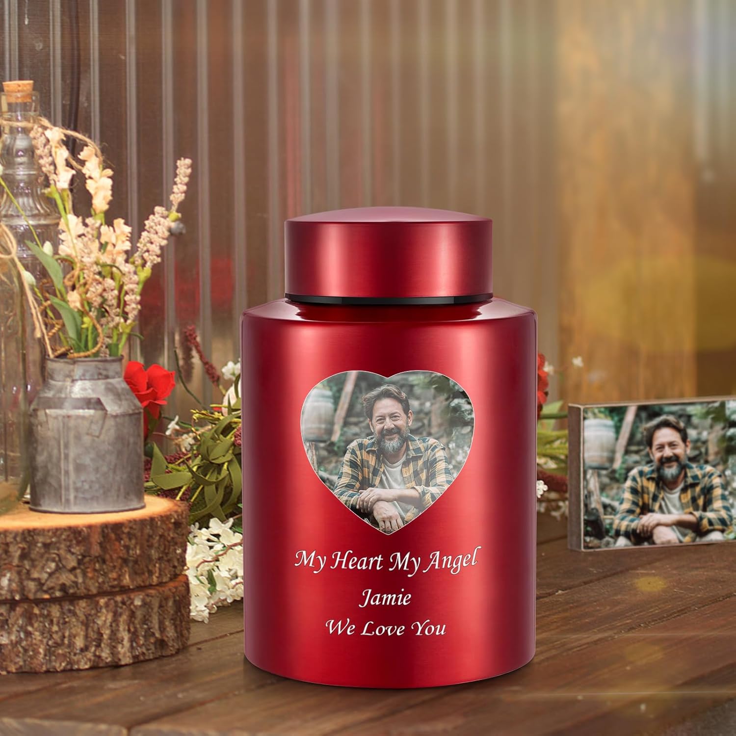Bright Red Photo Custom Cremation Urn for Human Ashes