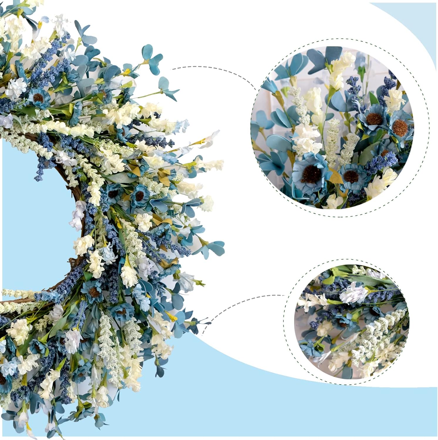 24 Inch Blue Flower Wreath for Front Door