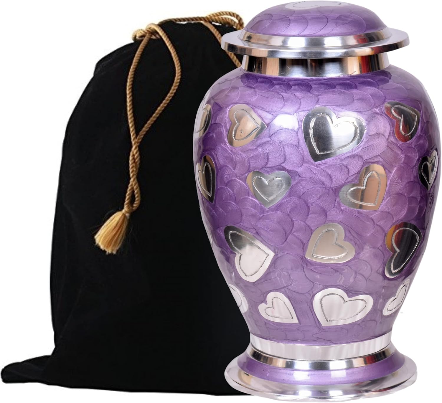 Lavender Hearts Cremation Urn - Purple Silver 100 Handcrafted Solid Brass Urn for Human Ashes