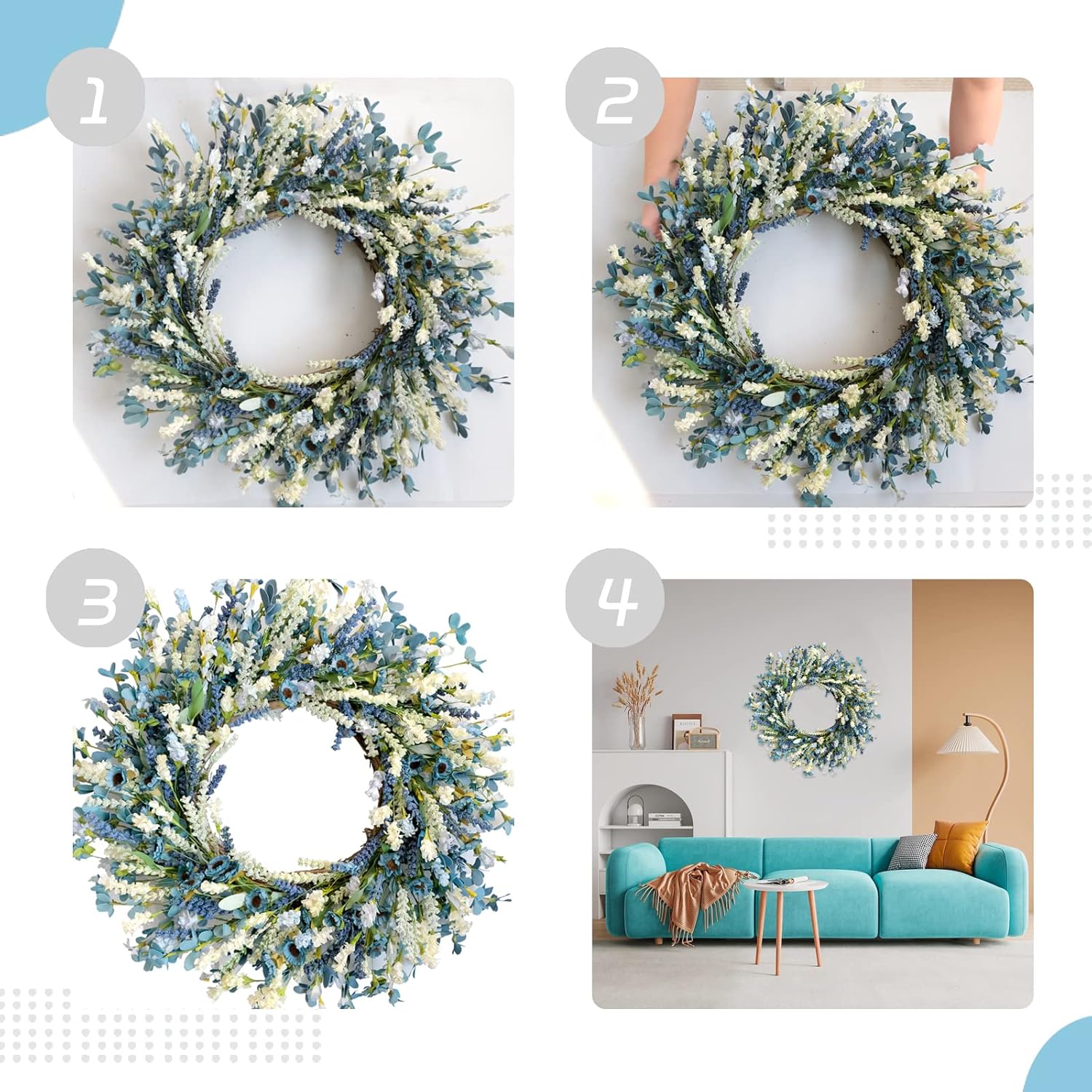 24 Inch Blue Flower Wreath for Front Door